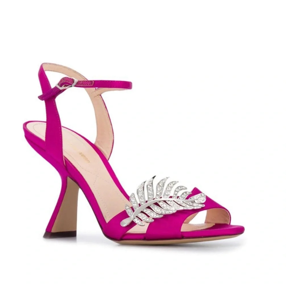 New in Box Nicholas Kirkwood Monstera Leaf-Embellished Satin Sandals Fuschia
